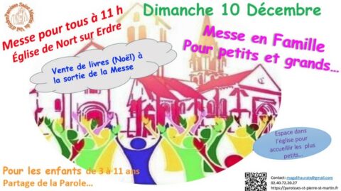 Dimanche 10 décembre 2023, à 11h, Messe en famille en l’église St Christophe de Nort-sur-Erdre