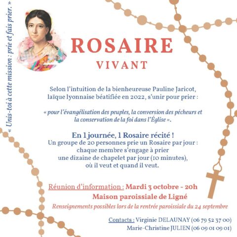 Mardi 3 octobre à 20h : Réunion d’information « Rosaire Vivant » à la Maison paroissiale de Ligné